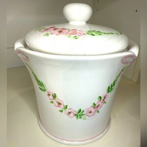 White Ceramic Cookie Jar/Canister Pink Ribbon + Pink and Green Floral Swags  Lid